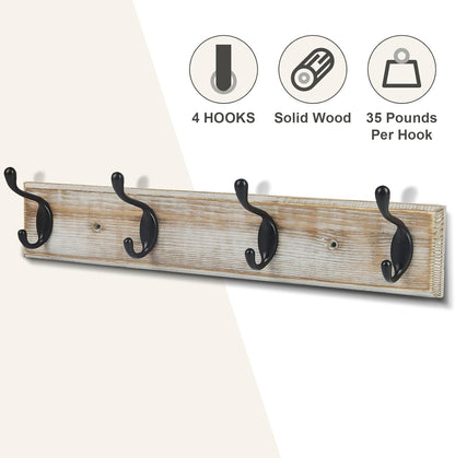 Coat Rack Wall Mounted, Entryway Coat Rack with 4 Rustic Hooks, 17” Vintage Pinewood Hanger for Keys