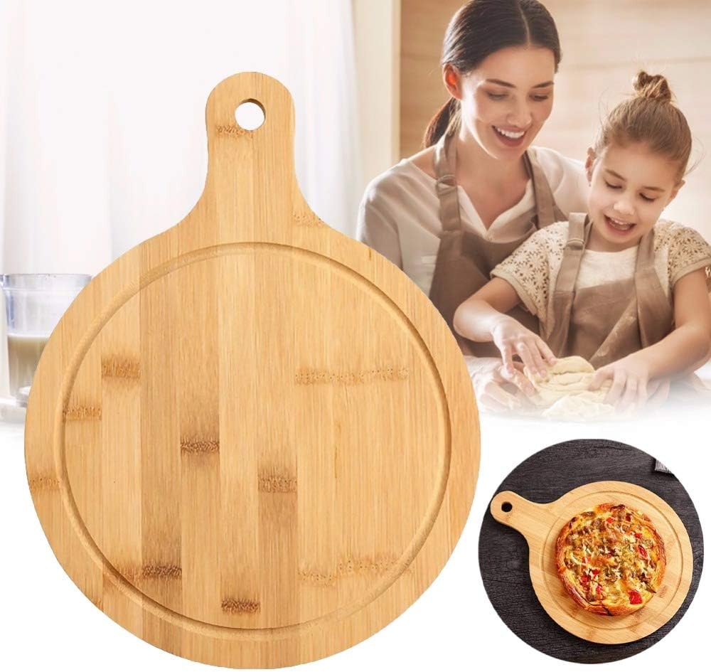 Bamboo Cutting Board, Meat Chopping Boards, Pizza Peel Paddle with Handle for Homemade Baking, Round Board for Pizza,