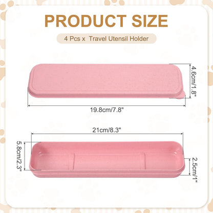 uxcell 4 Pcs Travel Utensil Holders with Case, 8.3" Portable Flatware Box with Slot Stand Reusable Plastic Travel Cutlery Case for Fork Spoon Chopsticks Lunch Box, Pink (Flat Cover)