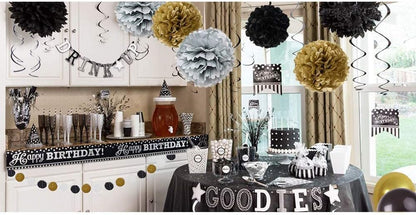 Black and Gold Party Decorations - DIY Tissue Paper Pom Poms, Balloons, and Garland