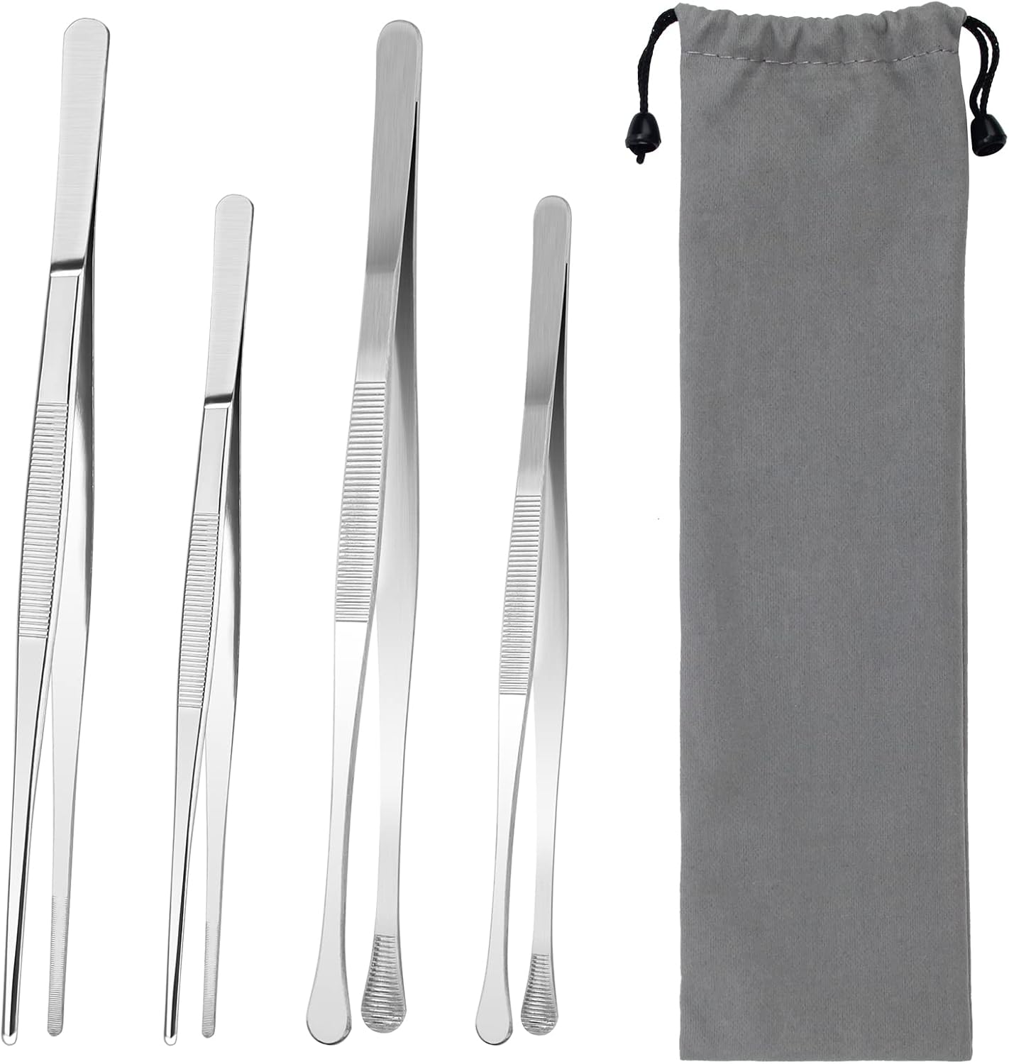 AHIER 4 Pcs Kitchen Fine Tweezer Tongs, 12” and 10” Stainless Steel Food Tweezers Set for Cooking