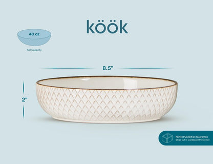 KooK Pasta Bowls, Ceramic, Embossed Serving Bowls For Stews and Salads, Large Capacity, Microwave & Dishwasher Safe, Ivory with Dark Copper Accents, Set of 4, 40 oz, Narbonne Collection