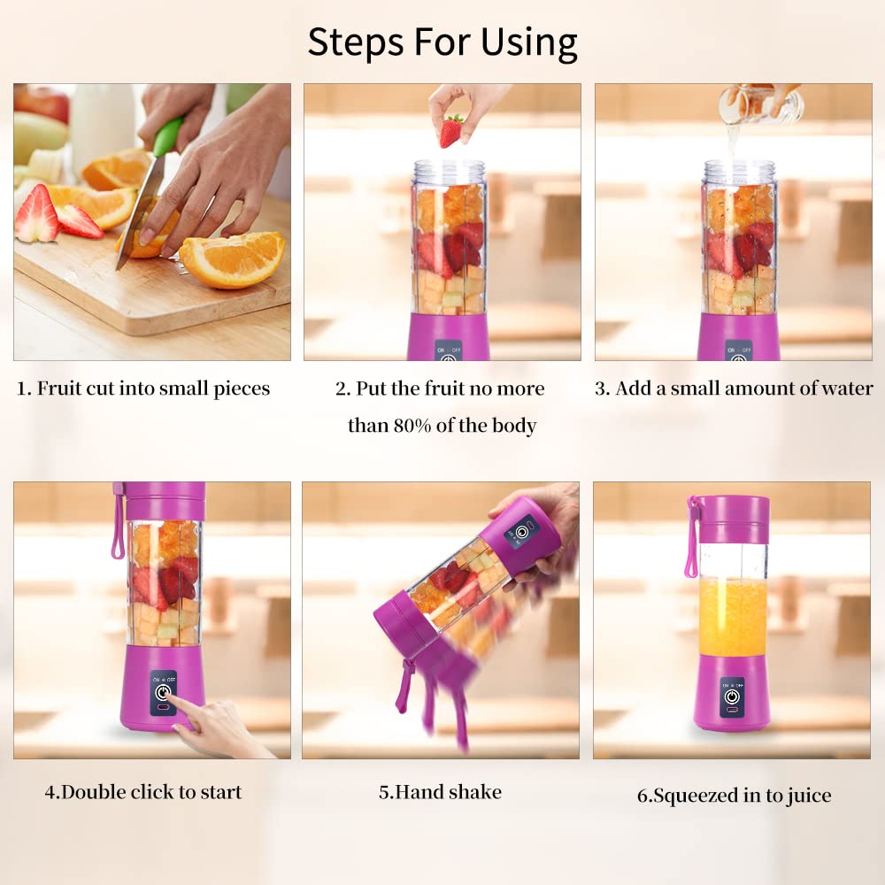 Portable Blender Cup,Electric USB Juicer Blender,Portable Juicer For Shakes and Smoothies, juice,380ml, Six Blades Great for Mixing,light purple