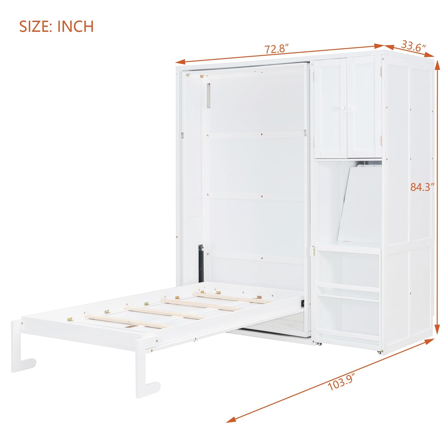 DNYN Rotating Murphy Bed with Top Cabinet and Extendable Desk for Guest/Study Room, Space-Saving Twin Size Wood Foldable Wall Bed Frame with Side Storage Shelf and Bookshelf, No Box Spring Needed