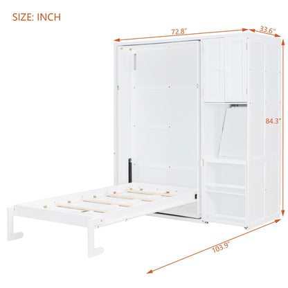 DNYN Rotating Murphy Bed with Top Cabinet and Extendable Desk for Guest/Study Room, Space-Saving Twin Size Wood Foldable Wall Bed Frame with Side Storage Shelf and Bookshelf, No Box Spring Needed