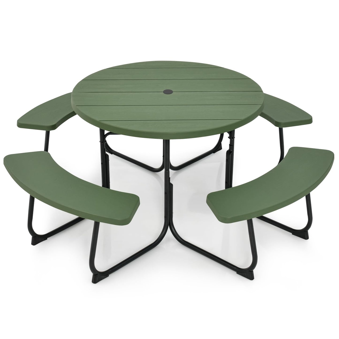 Tangkula 8 Person Picnic Table, Outdoor Round Picnic Table with 4 Built-in Benches, Umbrella Hole, Metal Frame & HDPE Tabletop, Outside Table and Bench Set for Backyard, 2300lbs Weight Capacity