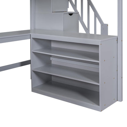 Ball & Cast Loft Bed Full Size with Built-in L-Shaped Desk and Three-Tier Storage Shelves,Wooden Bedframe w/Storager Staircase & Guardrails,Space Saving,Bedroom Furniture for Student Dorms,Gray