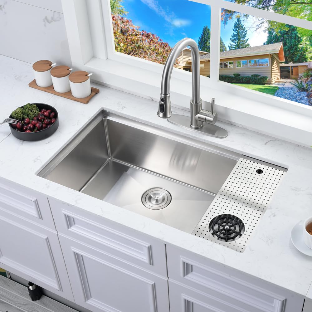 33 Inch Undermount Kitchen Sink with Glass Rinser -Bokaiya 33x19 Stainless Steel Kitchen Sinks Undermount Workstation Sink 16 Gauge Multifunctional Single Bowl Deep Kitchen Sink with Cutting Board