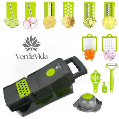 VerdeVida Vegetable Chopper, Food Chopper & Spiralizer, 15-in-1, 8 Stainless Steel Blades, Black
