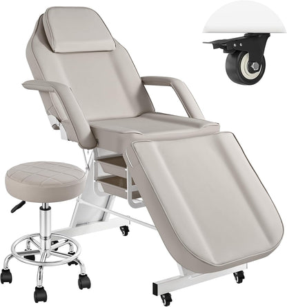 Tattoo Facial Chair with Wheel, Esthetician Massage Bed with Stool, Professional Adjustable Lash Tattooing Table with Breathing Hole Beauty Treatment Salon Spa Artist Equipment with 2-Tary, Grey