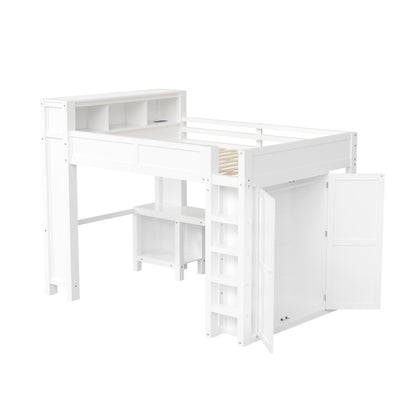 Merax Queen Loft Bed Frame with Desk and Wardrobe, Headboard with Storage & Charging Station, Wood Loft Bunk Bed with Solid Slats & Guardrail, No Box Spring Needed, Space-Saving, Noise Free, White