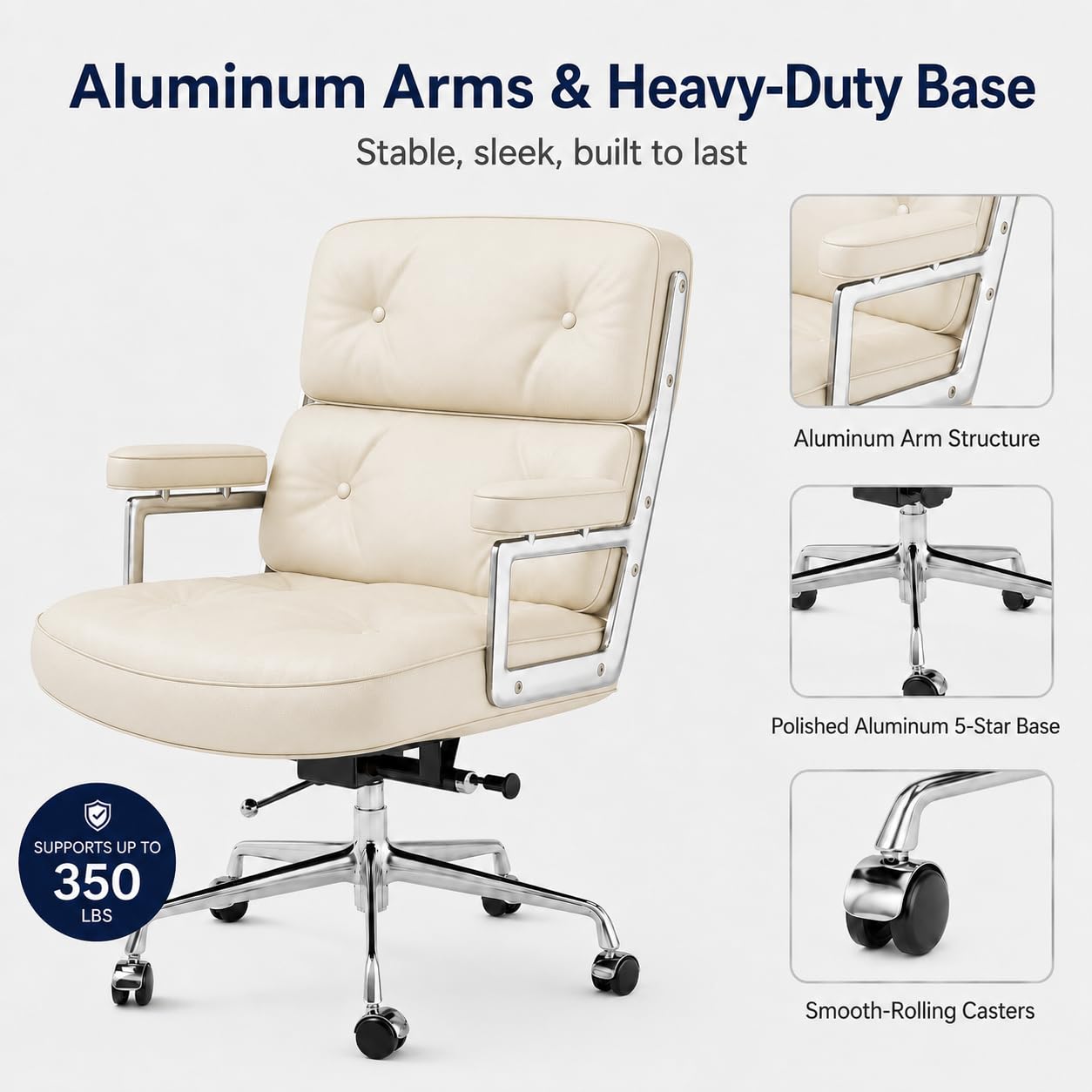 OTDMEL Home Office Chair with Top Grain Leather, Padded Armrests, Mid-Back Upholstered Executive Leather Desk Chair, Aluminum Frame, Adjustable Height, 360 Swivel, Rolling Wheels, 350lbs Capacity