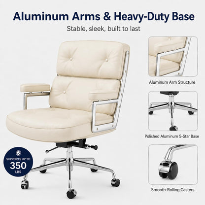 OTDMEL Home Office Chair with Top Grain Leather, Padded Armrests, Mid-Back Upholstered Executive Leather Desk Chair, Aluminum Frame, Adjustable Height, 360 Swivel, Rolling Wheels, 350lbs Capacity