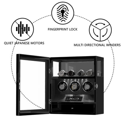 DUKWIN Watch Winder, Fingerprint Lock Automatic Watch Winder for 3 Watches with 4 Holders,300-2300 TPD,Digital Display, Remote Control,Jewelry Storage and Adjustable Watch Pillow and LED Light,Black