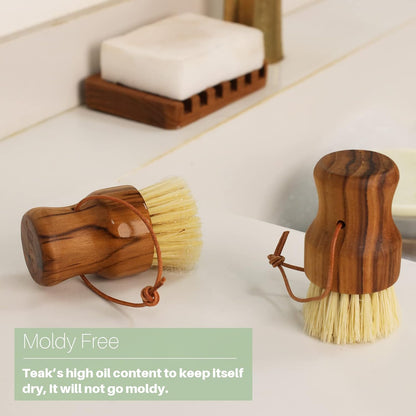 3PCS Set Teak Dish Scrub Brush by HTB, Good Grip Small Wooden Dish Brush with Teak Handle & Sisal Bristles for Kitchen