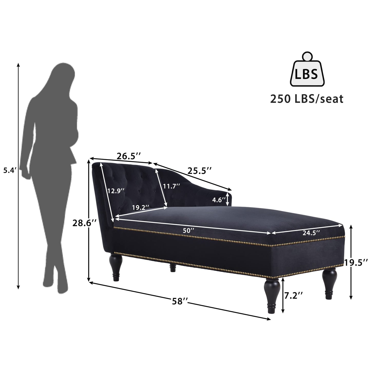GDFStudio 58" Upholstered Chaise Lounge Chair Indoor, Modern Velvet Lounge Chaise with Button Tufted Arm, Nailhead Trim & Solid Wood Legs, Sleeper Bed Recliner Chair for Living Room Bedroom, Black