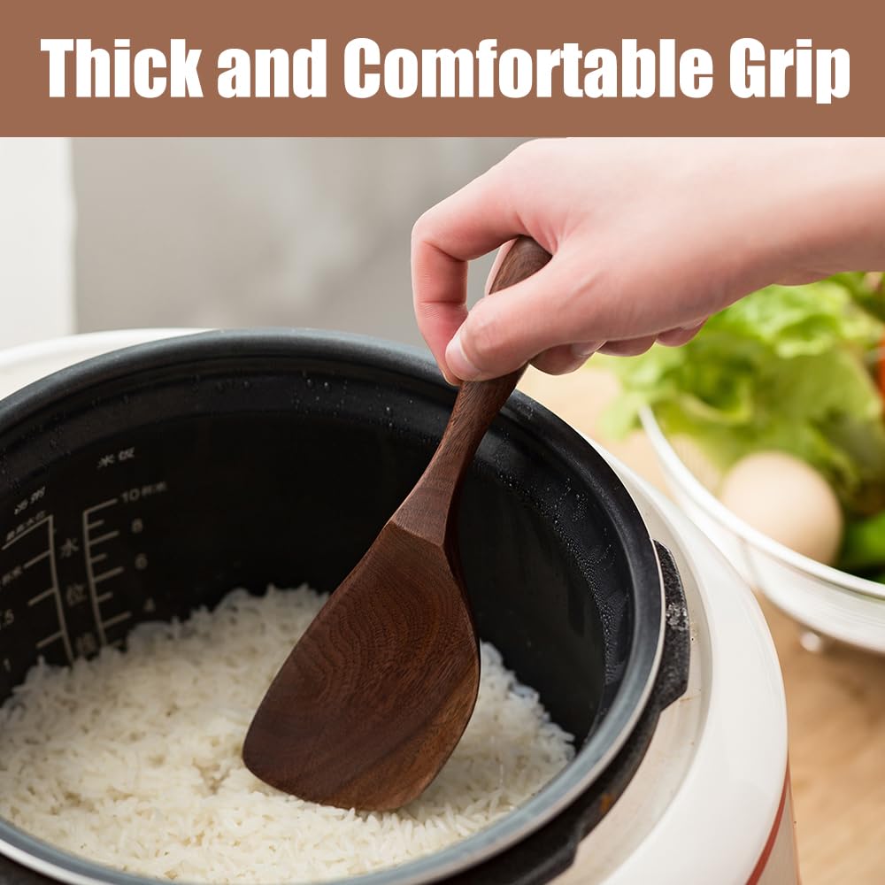 MIGAKU HOME Black Walnut Wooden Cooking Spoons Set - 1 Flat + 1 Angled Rice Scooper, Durable & Eco-Friendly for Cooking & Serving - Perfect for Kitchen Enthusiasts and Gourmet Lovers