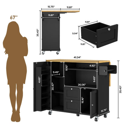 Rolling Kitchen Island with Storage Cabinet, 41.3'' Width Kitchen Cart with Desktop Drop Leaf Countertop, Portable Mobile Island with Towel Rack, Spice Rack Shelf and Lockable Wheels, Black