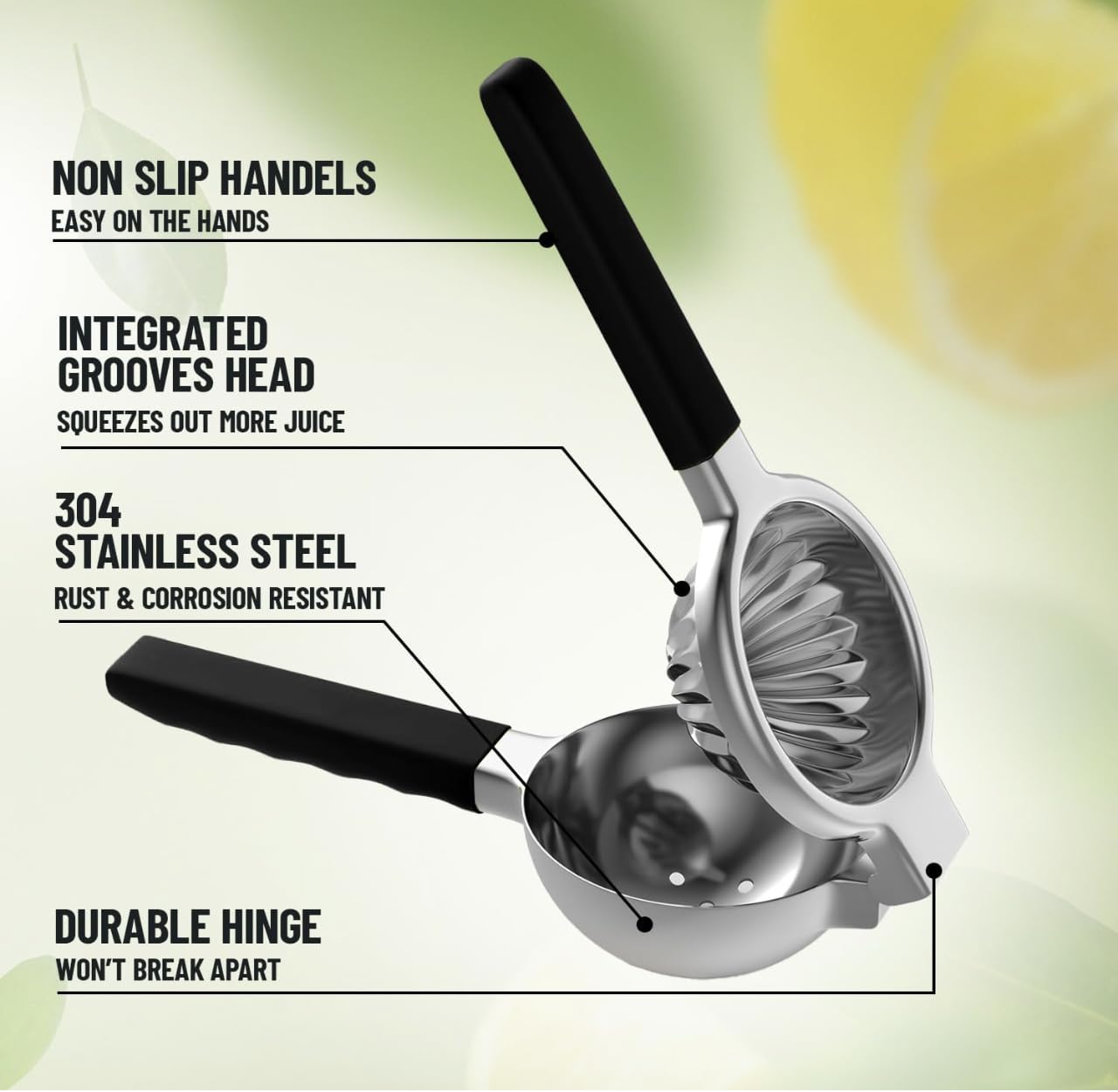 Lemon Squeezer Stainless Steel - Manual Citrus Juicer Large, Metal Lime Squeezer Hand Press, Orange Juice Extractor with Non-Slip Grip, Dishwasher Safe - TUISWO (Silver/Black)
