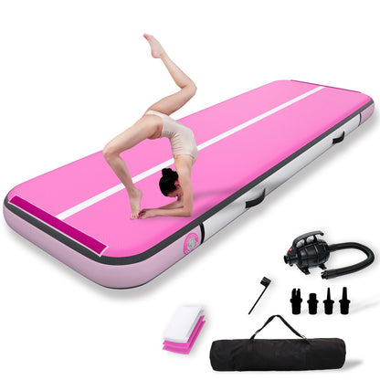 Inflatable Gymnastics Mat Tumble Track (8 Inches Thick) - 20ft Air Floor Training Mats for Home Use, Cheerleading, Water Fun & Camping - Includes 500W Electric Pump & Carbon Pattern Design, Pink