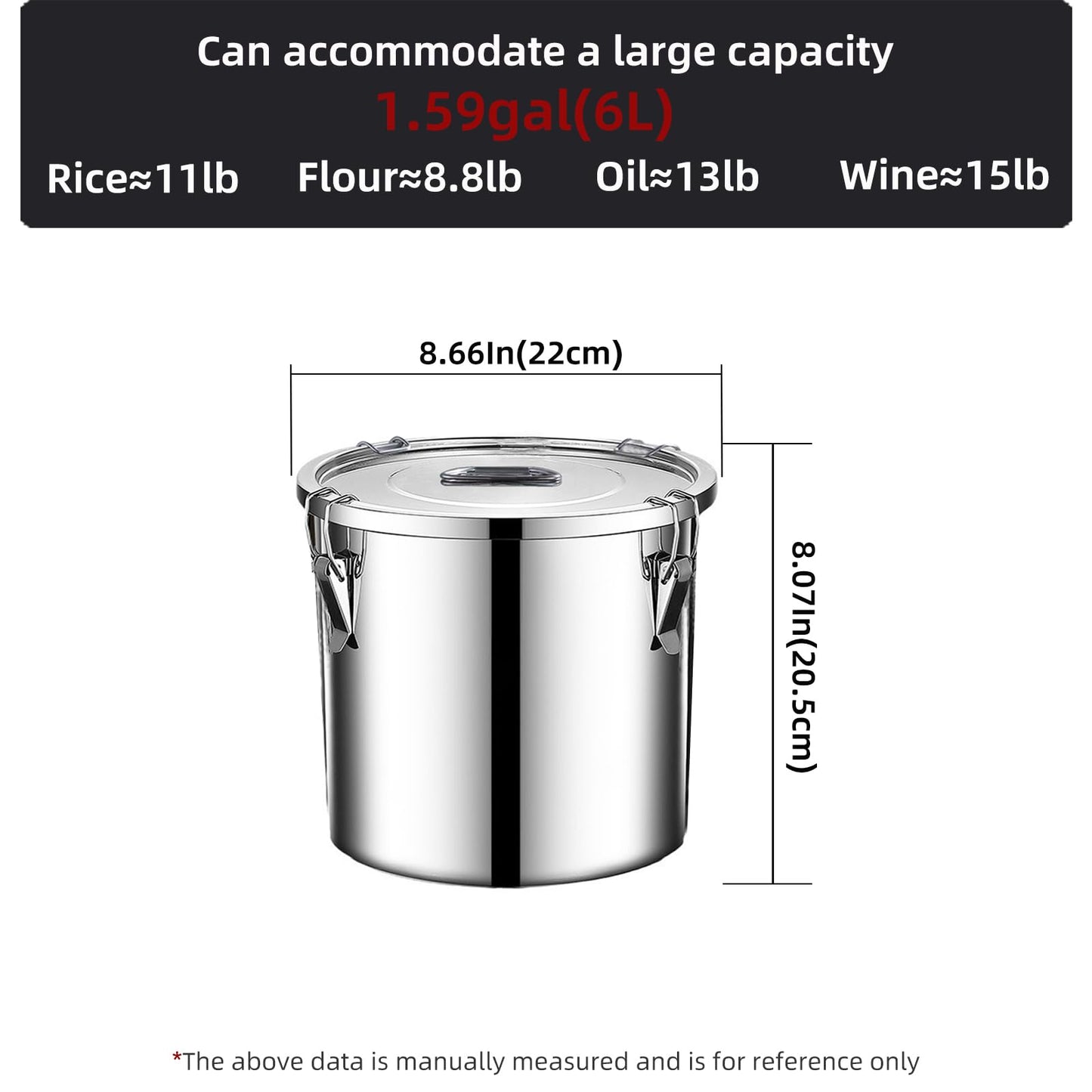 Verdeho stainless steel food storage containers with lids lock clips airtight container large airtight for rice flour sugar grain coffee bean storage containers Kitchen jar (1.59gal/6L)