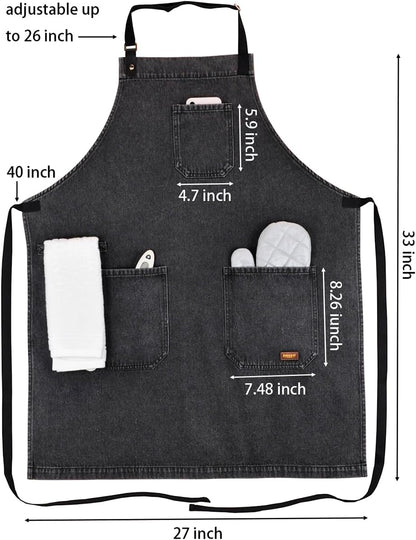 '-2) Denim Apron with Pockets, Professional for Mens Womens Chef Kitchen Cooking Grill BBQ Painting Baking, Black Bib
