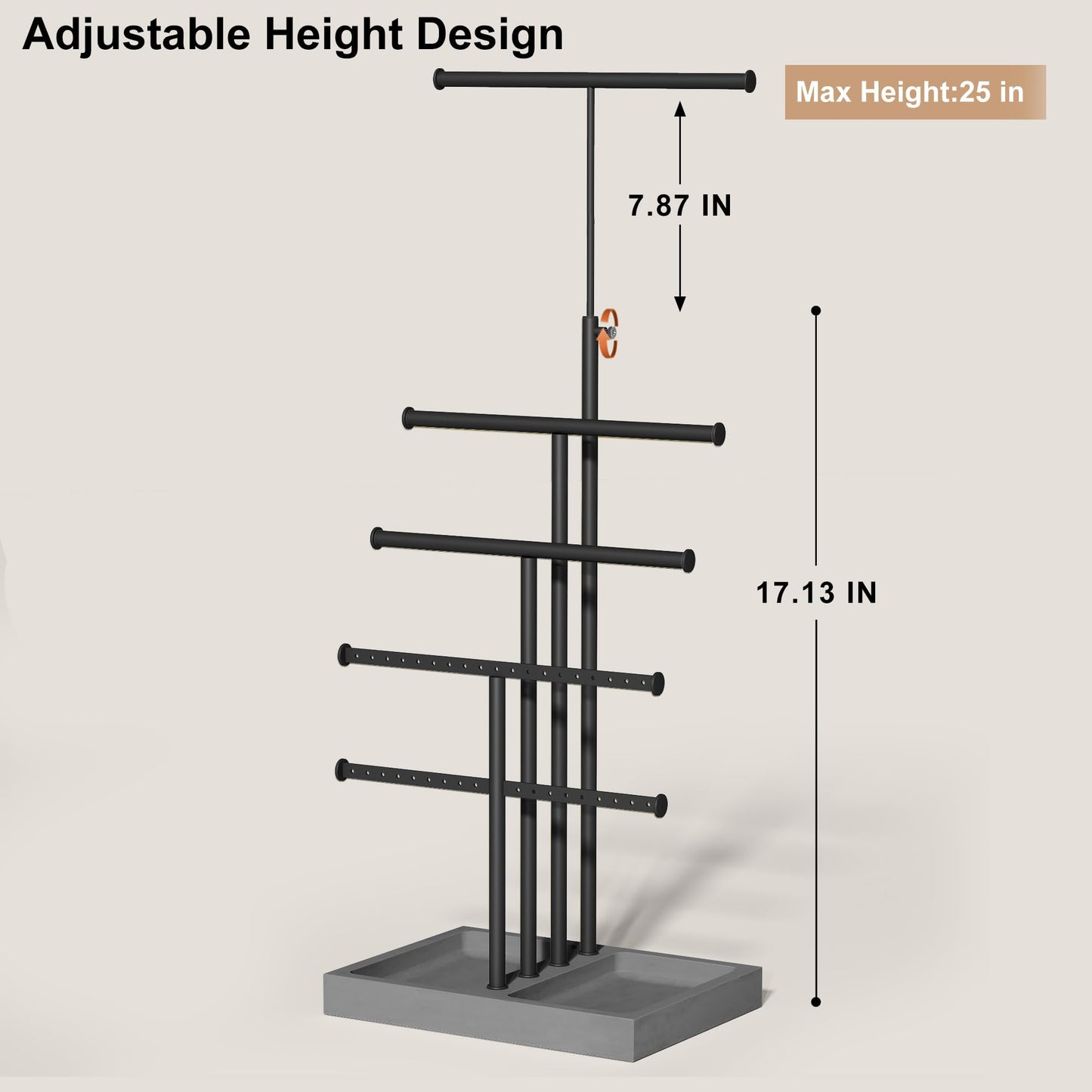 Love-KANKEI Jewelry Organizer Stand, 5 Tier Large Necklace Holder with Wood Base, Jewelry holder stand Tree for Display, Bracelets Earrings Rings, Height Adjustable Gift Weathered Grey