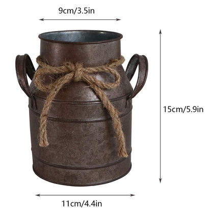 HyFanStr Shabby Chic Metal Flower Vase Rust Painted Decor Milk Can Bucket Country Primitive Jug Farmhouse Decoration Small