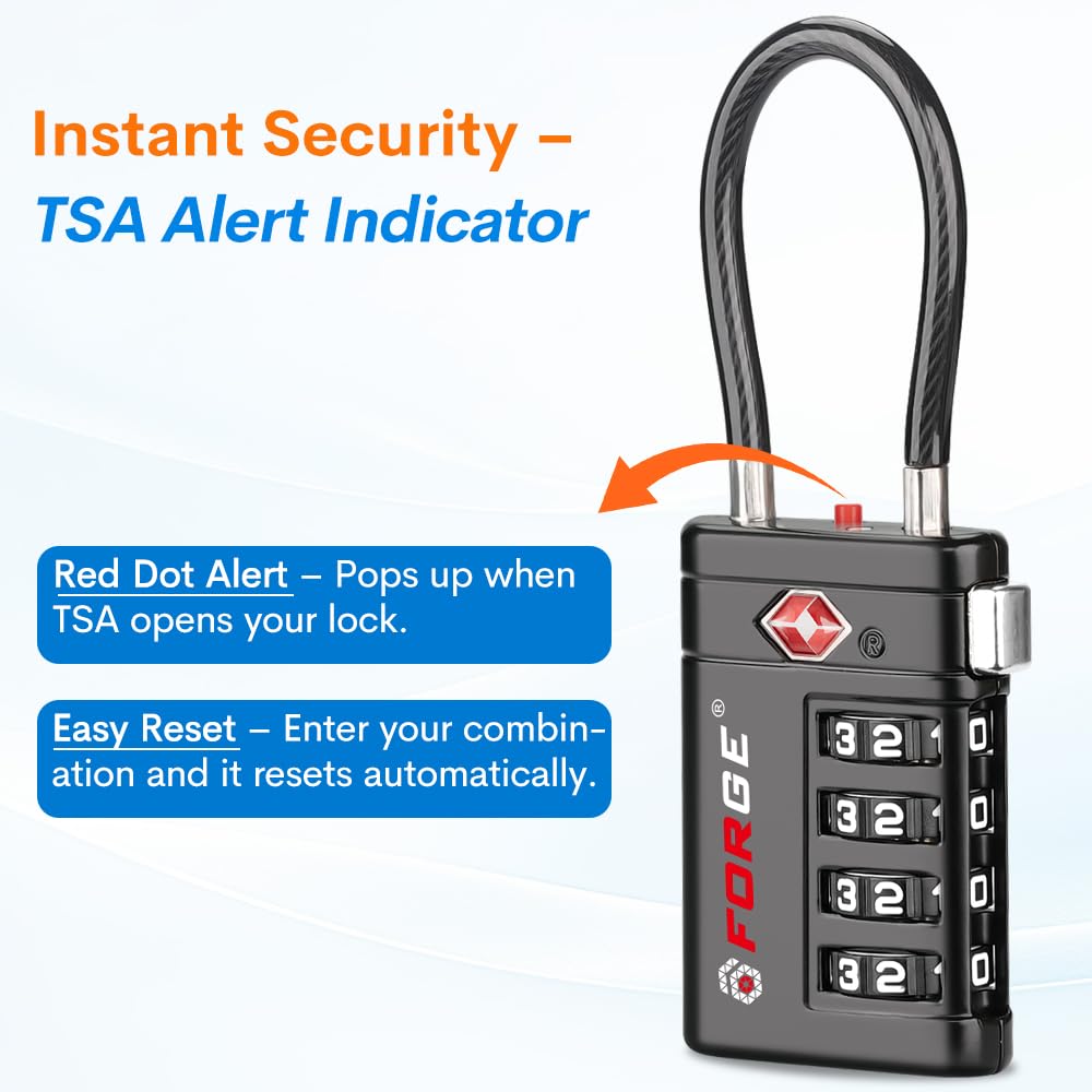 Forge TSA Approved Luggage Locks 4 Digit Combination TSA Travel Locks with TSA008, Open Alert Indicator, Zinc Alloy Body for Luggage, Suitcase, Backpack, and More. Black 2 Locks.