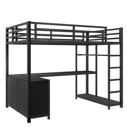 KEIKI Twin XL Metal Loft Bed with L-Shaped Desk and Wardrobe, Heavy Duty Loft Bed Frame with Storage Shelves & Cubes, Space Saving Loft Bed for Kids Teens Adults, Noise Free, Easy Assembly, Black