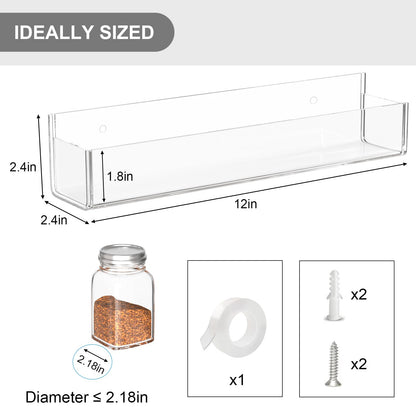 PMMASTO Adhesive Acrylic Spice Rack Organizer for Wall with 2 Nano Double Sided Tape, Spice Shelf Organization for Kitchen Cabinet Door/Pantry Door, Wall Mount Seasoning Rack (Clear-4 Pack)
