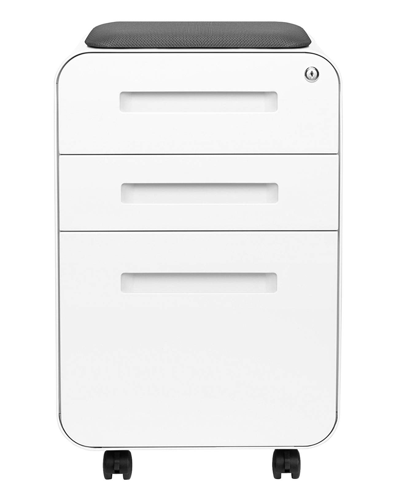 Laura Davidson Furniture STOCKPILE Curve Seated 3-Drawer Mobile File Cabinet with Removable Magnetic Cushion Seat - Metal Filing Cabinet, Pre-Assembled, White with Dark Grey Cushion