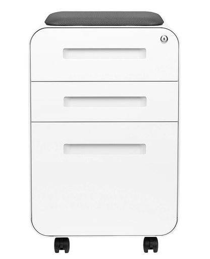 Laura Davidson Furniture STOCKPILE Curve Seated 3-Drawer Mobile File Cabinet with Removable Magnetic Cushion Seat - Metal Filing Cabinet, Pre-Assembled, White with Dark Grey Cushion