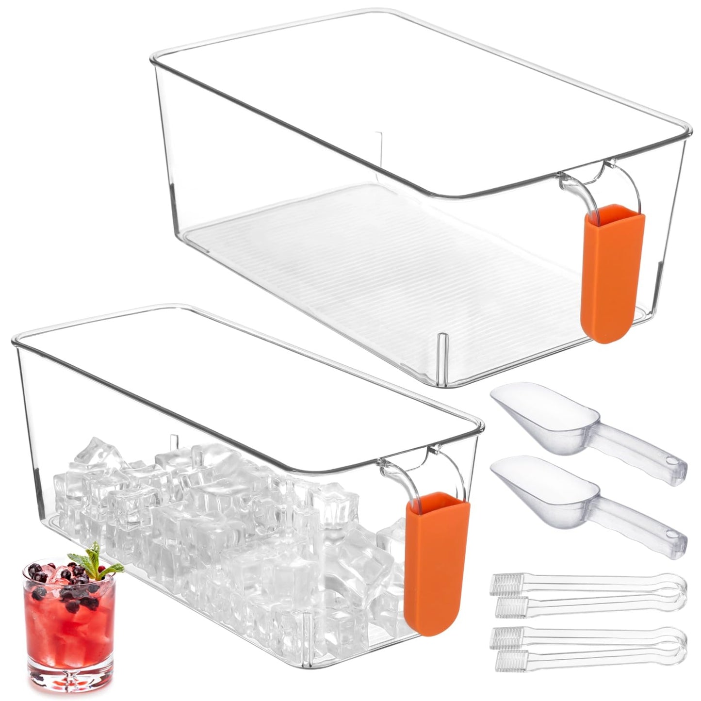 2 PCS Ice Bin with Scoop and Tong, Ice Bucket with Pull-out Handle for Freezer, 2 Sizes Clear Plastic Ice Container for DIY Drink Summer Party, 12.2 x 6.9 x 4.3 in, 12.2 x 4.9 x 4.3 in