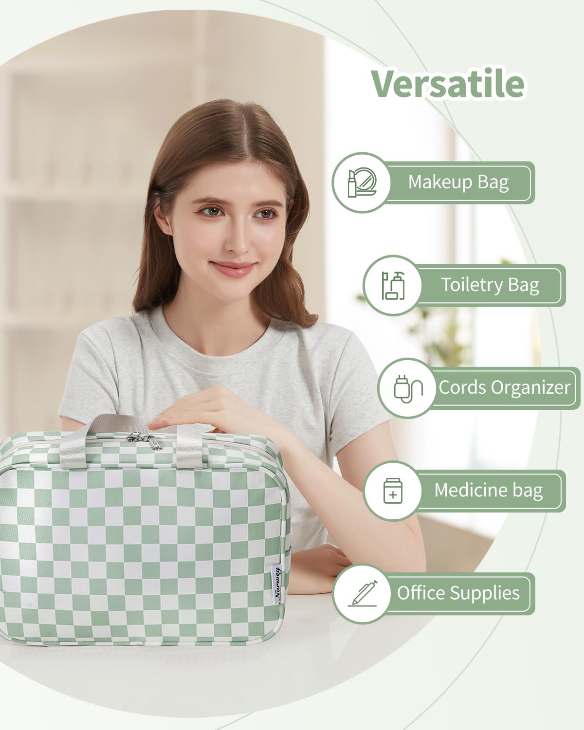 Narwey Large Checkered Travel Toiletry Bag Women Toiletries Bag Skincare Bag Makeup Bag with Handle Make up bag Organizer Cosmetic Bag Medicine Bag for Girls (Mint Green Checkerboard, Large)