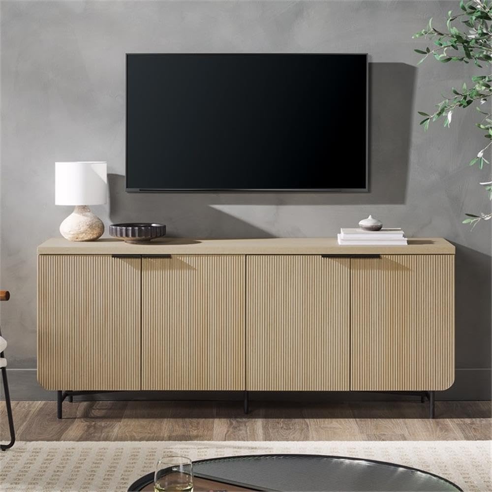 Walker Edison Reema Fluted 4-Door Kitchen Sideboard Buffet Console, 69 Inch, Coastal Oak