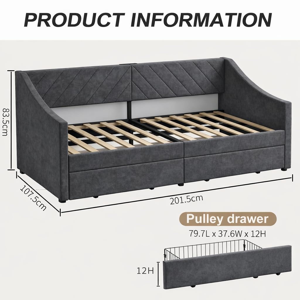 Arhomefurni Upholstered Twin Size Daybed with Two Storage Drawers, Twin Leatherair Sofa Bed Daybed with Wood Slat Support,No Box Spring Needed (Dark Grey)