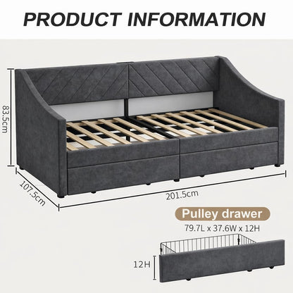 Arhomefurni Upholstered Twin Size Daybed with Two Storage Drawers, Twin Leatherair Sofa Bed Daybed with Wood Slat Support,No Box Spring Needed (Dark Grey)