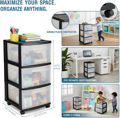 CNEIESD 3-Drawer Transparent Storage Cart Multi-Functional, Portable Home Organization, Black