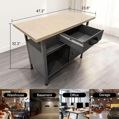 JZD Metal Workbench Table with Drawer & Lockable Cabinet, Office Desk with Wood Worktop for Garage Factory Workshop Home