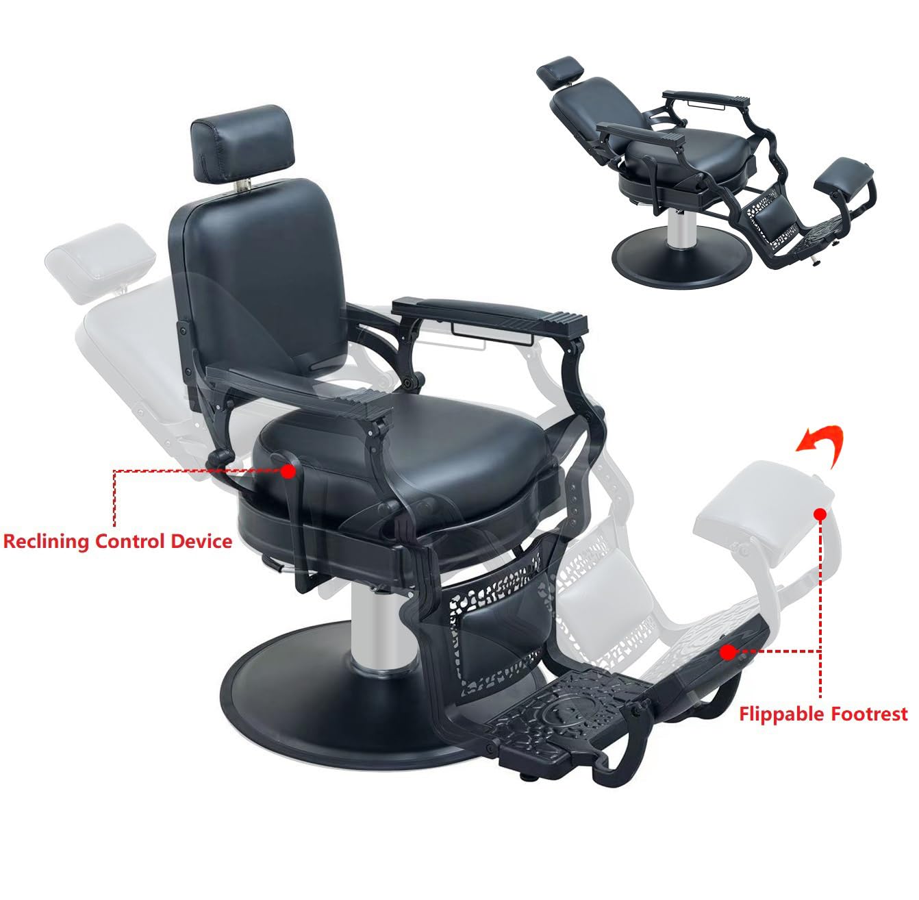 McDooFly Barber Chair Heavy Duty 700 lbs - Salon Chair for Hair Stylist - Black Reclining Barber Chairs for Barbershop - Salon Tattoo Shampoo Beauty Massage Equipment