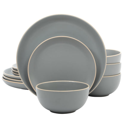 Gibson Home Rockaway 12-Piece Stoneware Dinnerware Set, Matte Finish, Service for 4, Modern Ceramic Plates and Bowls, Microwave & Dishwasher Safe – Soft Gray - Service for 4