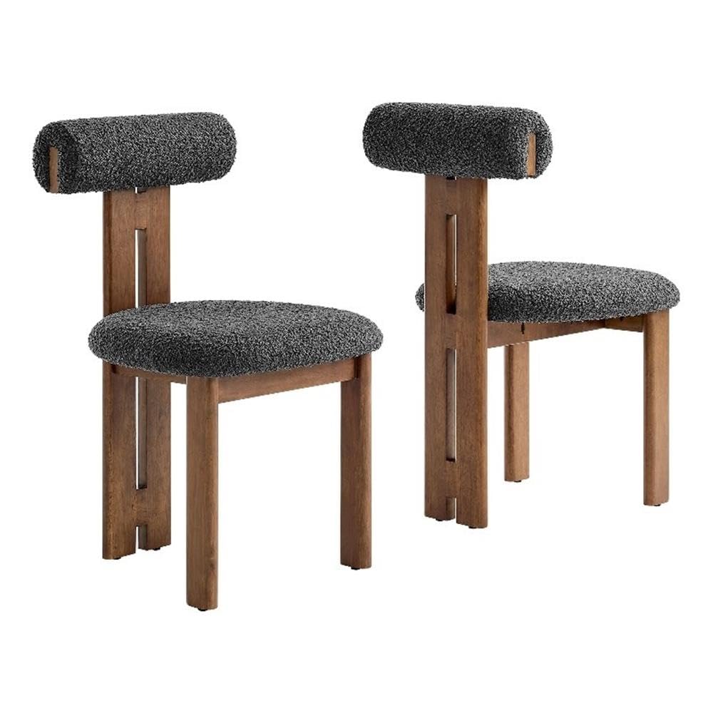 Modway Torian Upholstered Boucle Dining Chairs Set of 2 in Walnut Charcoal - 3-Legged Farmhouse Kitchen Chairs - Mid-Century Modern Armless Accent Chairs - Comfortable Side Chairs with Wood Legs
