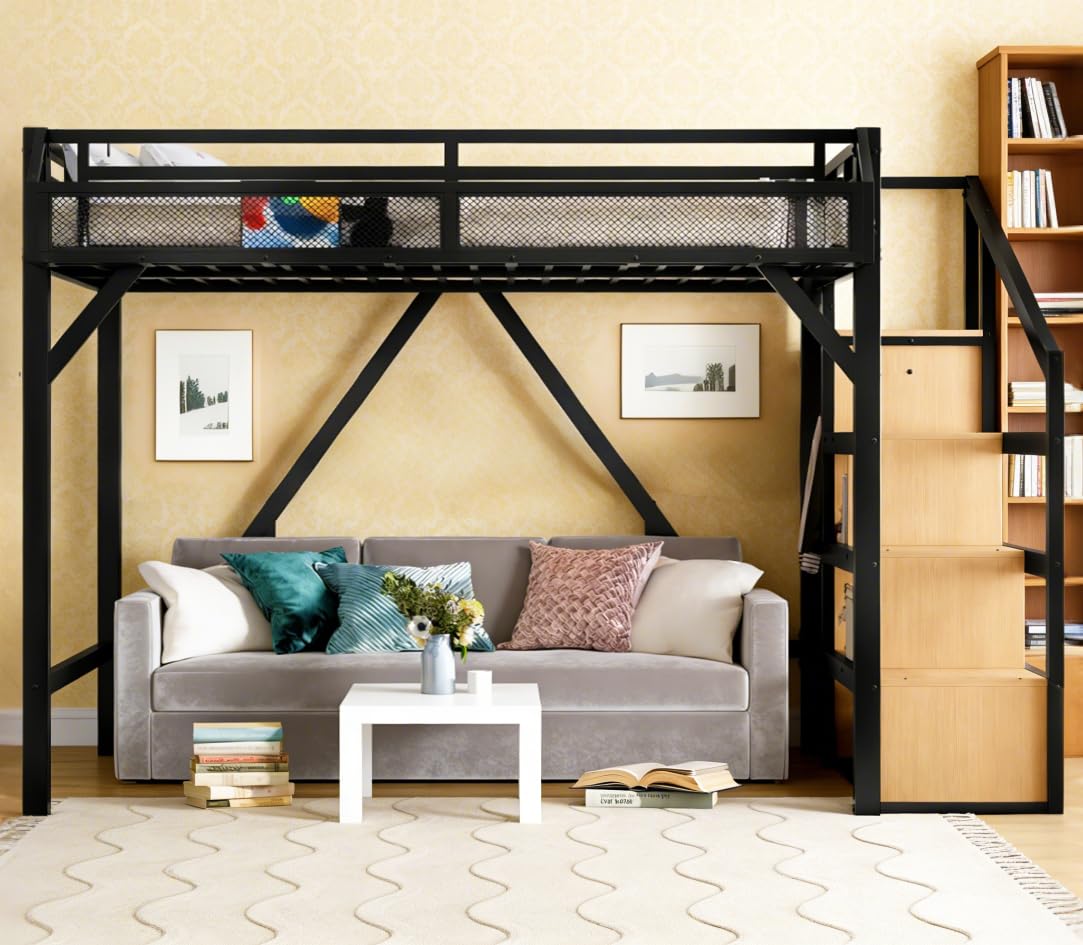 Bellemave Queen Size Loft Bed with Storage Stairs, Beside Shelves and Wardrobe, Queen Metal Loft Bed Frame with USB Ports and LED Lights, Large Under-Bed Space, for Adults,Teens,Boys,Girls, Natural