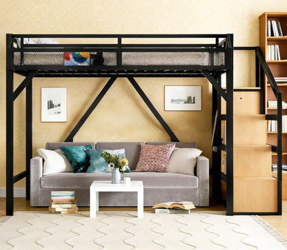Bellemave Queen Size Loft Bed with Storage Stairs, Beside Shelves and Wardrobe, Queen Metal Loft Bed Frame with USB Ports and LED Lights, Large Under-Bed Space, for Adults,Teens,Boys,Girls, Natural