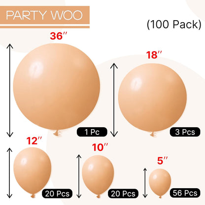 PartyWoo Nude Balloons - 100-Piece Pack in Various Sizes | Beige & Apricot Balloon Arch Kit for Celebrations