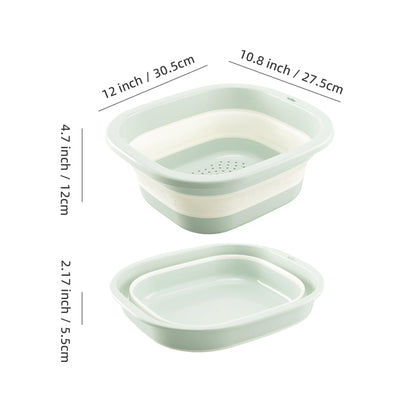 Cemome Collapsible Dish Basin with Colander, Foldable 2-in-1 Dish Pan and Strainer Set with Drain Holes, Portable Wash Basin for Kitchen Sink, Camping, Travel & RV (Green)