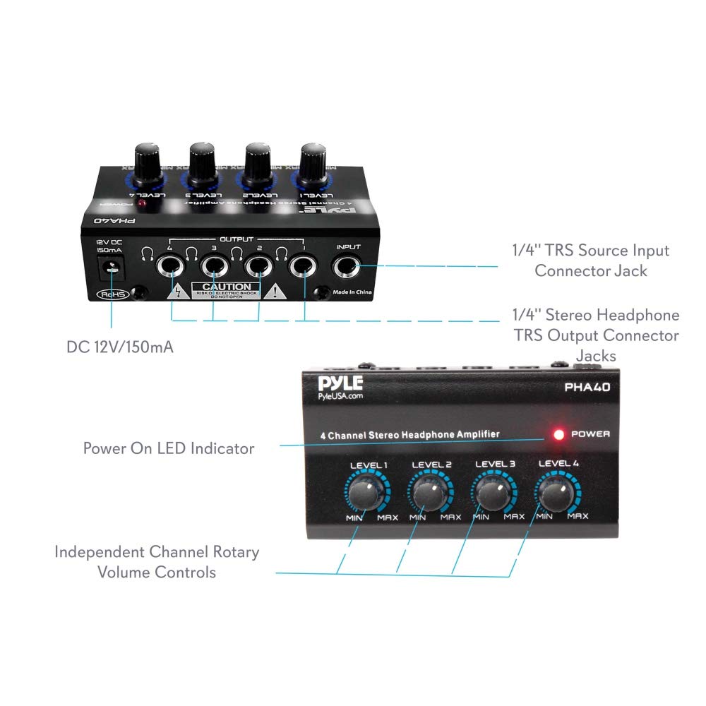 4-Channel Portable Stereo Headphone Amplifier - Professional Multi Channel Mini Earphone Splitter Amp w/ 4 ¼” Balanced TRS Headphones Output Jack and 1/4" TRS Audio Input For Sound Mixer - Pyle PHA40 BLACK