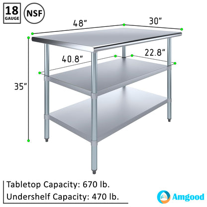 AmGood Stainless Steel Work Table with 2 Shelves | NSF | Metal Utility Table (48" Long x 30" Deep)
