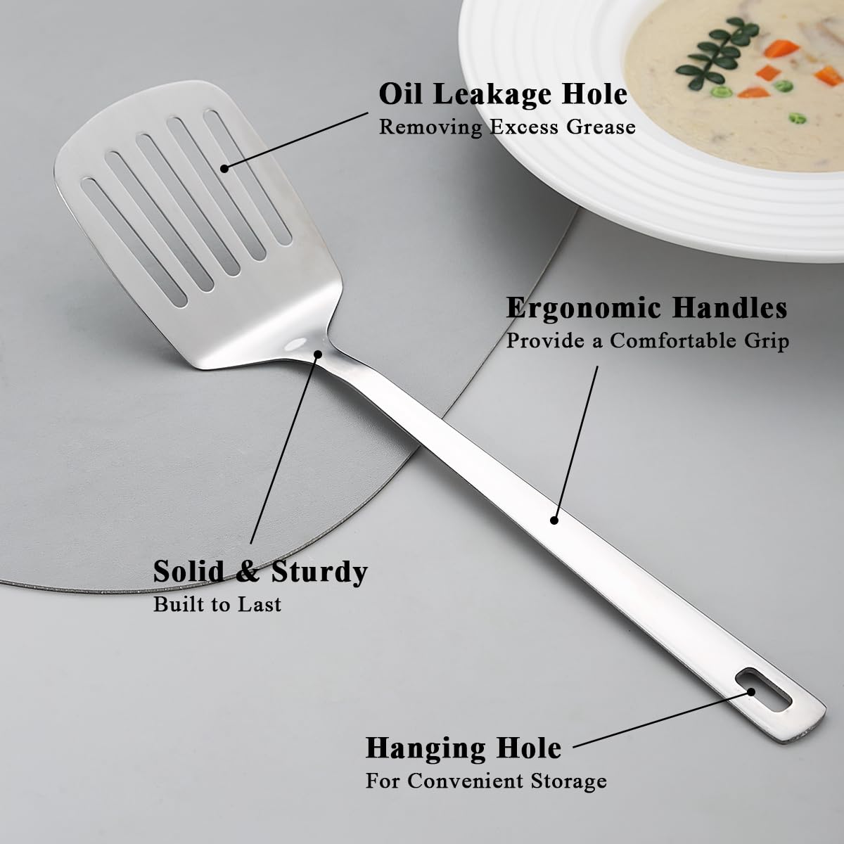 Kyraton Stainless Steel Spatulas Set, Silver Slotted Turner, Solid Turner, Kitchen Spatulas for Nonstick Cookware, Dishwasher Safe, Easy to Clean